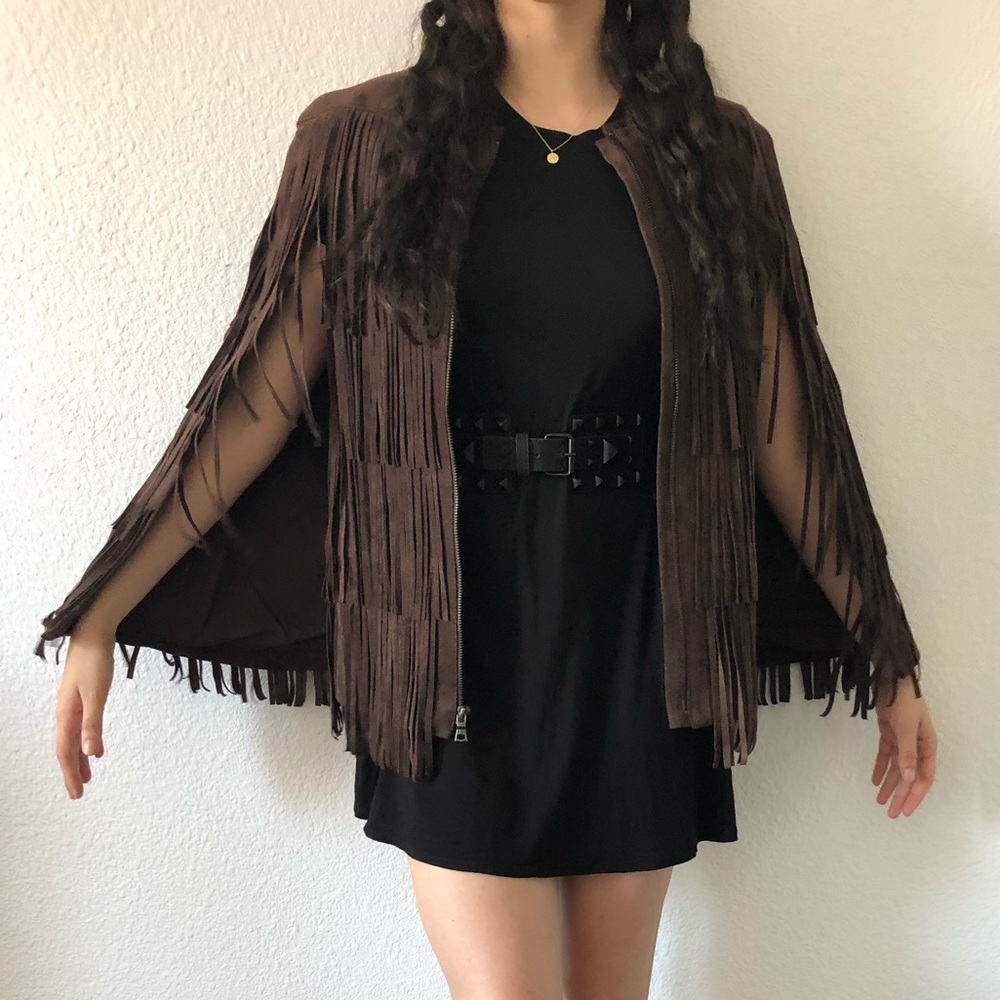 Brown fringe suede cape